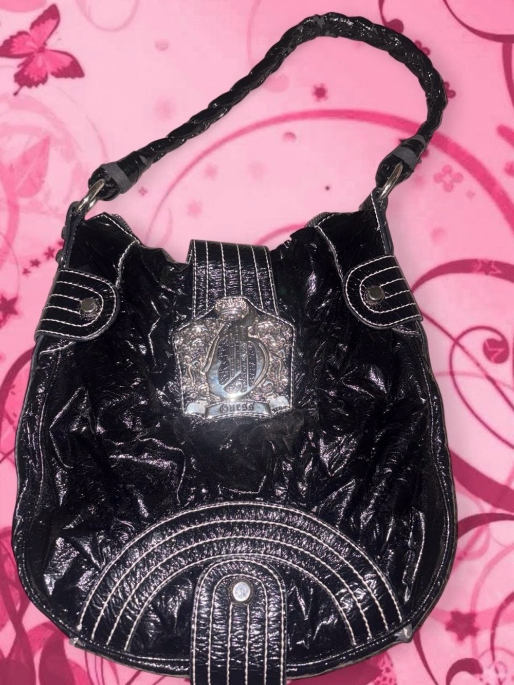 Guess Black Quilted Patent Shoulder Hobo with Logo Crest